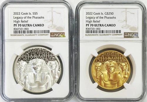  2022 GOLD & SILVER COOK ISL 199 MINTED 1oz HIGH RELIEF (2) PHAROHS NGC PF 70 UC