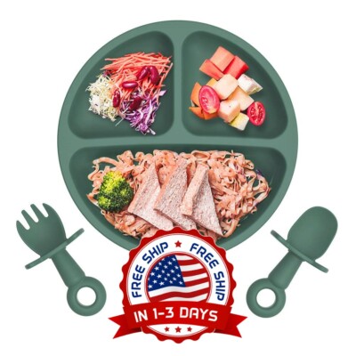 Platos succión bebés Platos silicona succión bebé Juego tenedor cuchara dividido