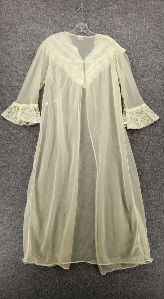 VINTAGE Bata Bernette Mujer L Grande Amarilla Maxi Acampanada Encaje Transparente Frente Abierto Foto 2 de 4