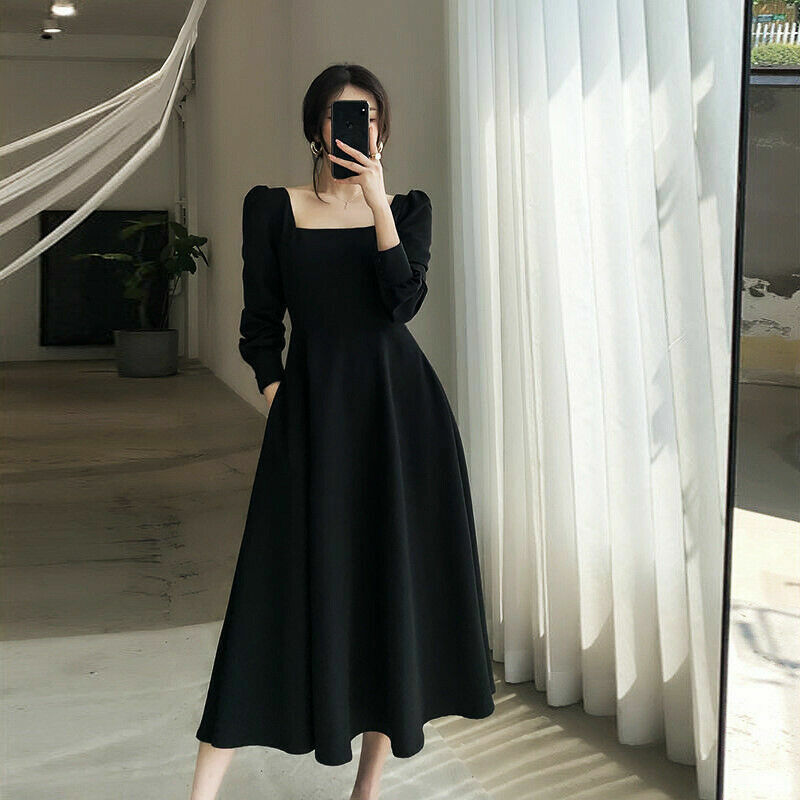 black plain long sleeve dress Womens Chic Square Neck Sleeves High Waist Slim Fit Ball Gown This show