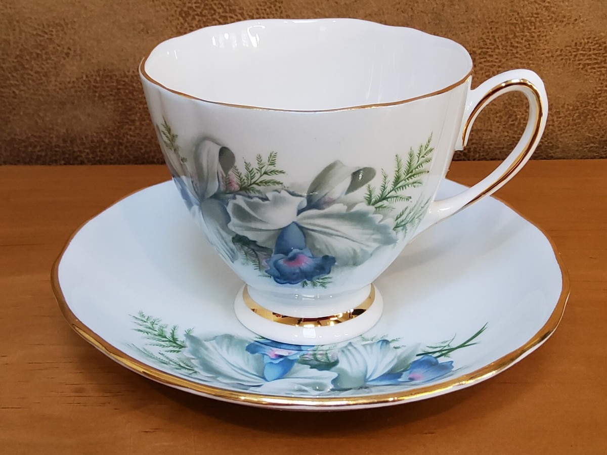 COLCLOUGH CHINA TEA CUP SAUCER Pale Blue IRIS/IRISES GOLD Ridgway Potteries  8101