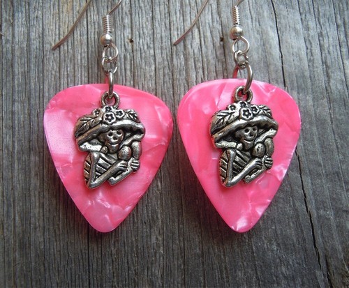 Sugar Skull with Maracas Charm Guitar Pick Earrings with Surgical Steel Earwires - Picture 15 of 23