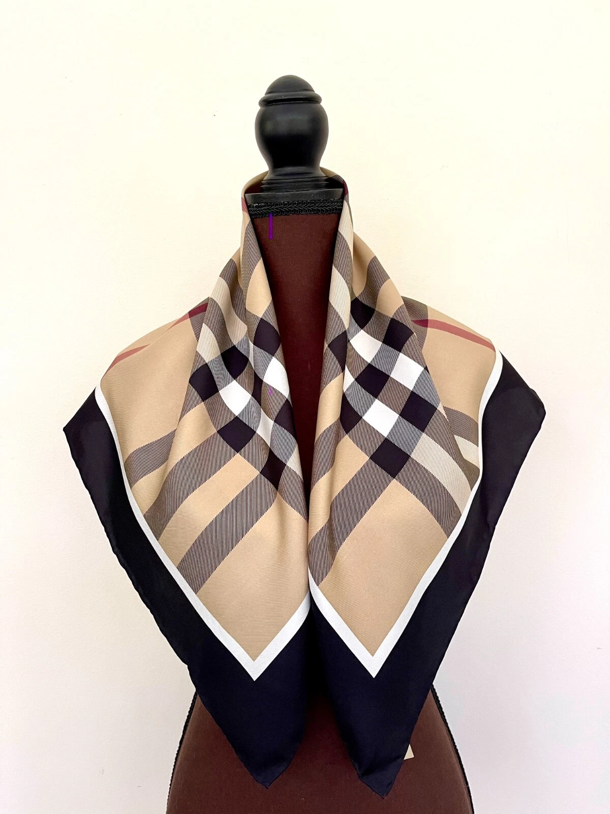 Burberry Scarf NWT Check Equestrian Knight Logo Black Border Beige Silk Wrap