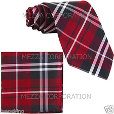 New Men's Vesuvio Napoli plaid checkered Neck Tie Necktie & Hankie set Party Red