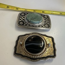 2 Vintage Gemstone Belt Buckles Polished Stone Inlay Western