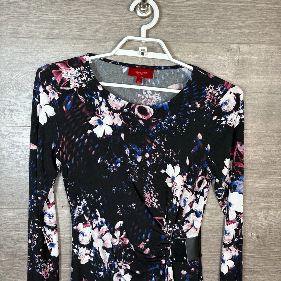 Vestido de mujer Jennifer Lopez talla pequeña manga larga estampado floral jersey negro Foto 2 de 4