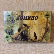 Vintage Style Wooden Box Dominoes Set Russian Forest Bear Art Double Six Game