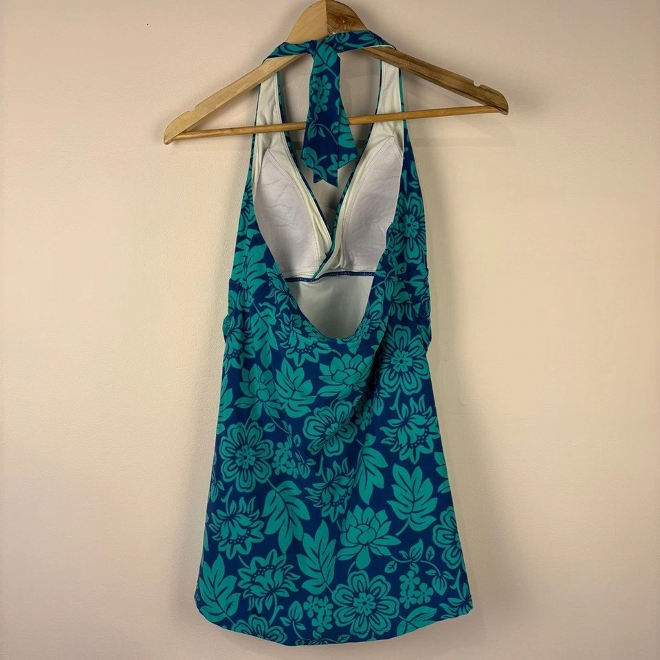 L.L. Bean Turquoise Navy Floral One Piece Swim Dress Size 10 UPF 40+ Beach - Image 4 of 4