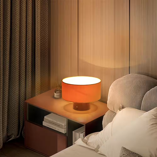 10 In. Walnut Modern Small Table Lamp with Orange Corduroy Shade and Touch Switc - Picture 2 of 9