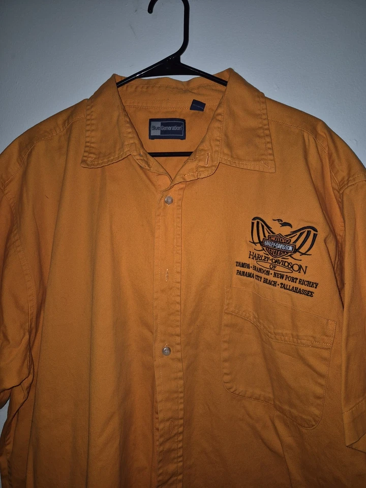 Harley Davidson 2 XL Embroidered Orange Button Up Shirt Short Sleeve TAMPA - Image 2 of 4