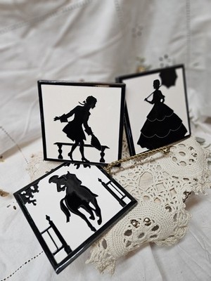Set of 3 ~ Arts & Crafts  Ceramic Mantle Tiles Black & White Silhouettes c. 1900