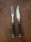 Antique Wood Handle Knife & Fork ~ Civil War Era ~ 3 Tine w/Pewter Inlay