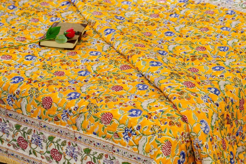 Colcha india jaipuri edredón hecha a mano algodón amarillo floral tamaño king Foto 4 de 4