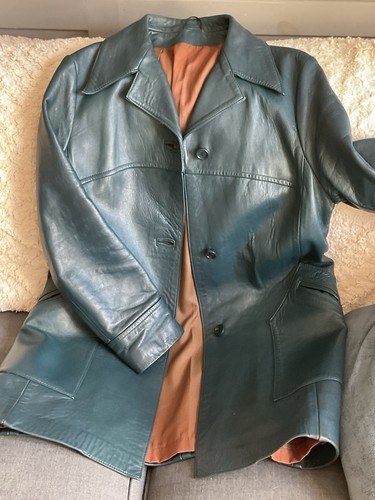 Vintage Nappa Leather Trench Coat In Teal / Blue Lined retro Size 12 /14 - Picture 14 of 15