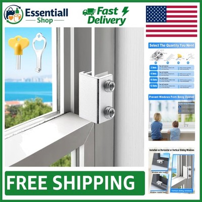 Silver Child Safety Window Locks - 2 Sets with Key for Vertical & Horizontal Use