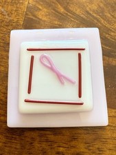 Studio Art Fused Glass Tile Magnet/Jewelry Ready Breast Cancer Ribbon Pink 1.75"
