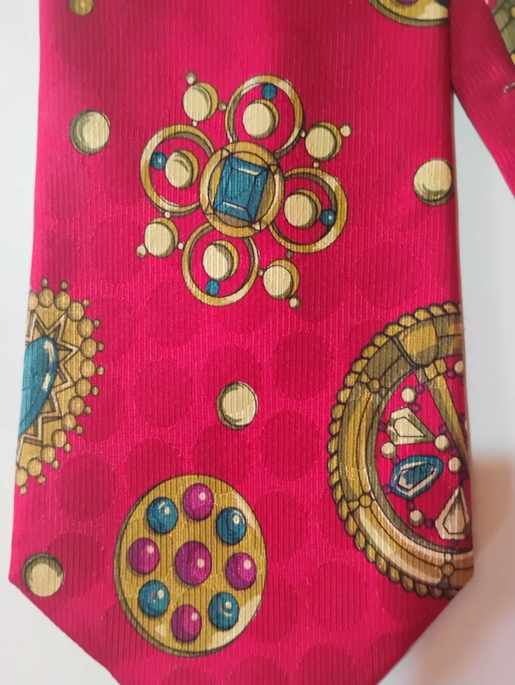 Corbata única Perry Ellis 56x4 en seda roja latón azul verde rojo gemas seda de colección Foto 2 de 4