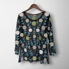 PARSLEY & SAGE Black Embroidered Floral Sheer Mesh Top - Medium