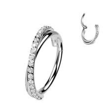 16G 3/8 Steel Paved CZ Line Criss Cross Hinged Clicker Ring Ear Conch Helix Hoop