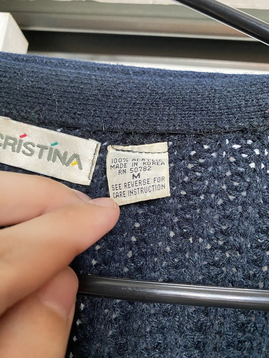 Vintage Christina Chunky Cardigan Sweater Medium Navy Blue Heart