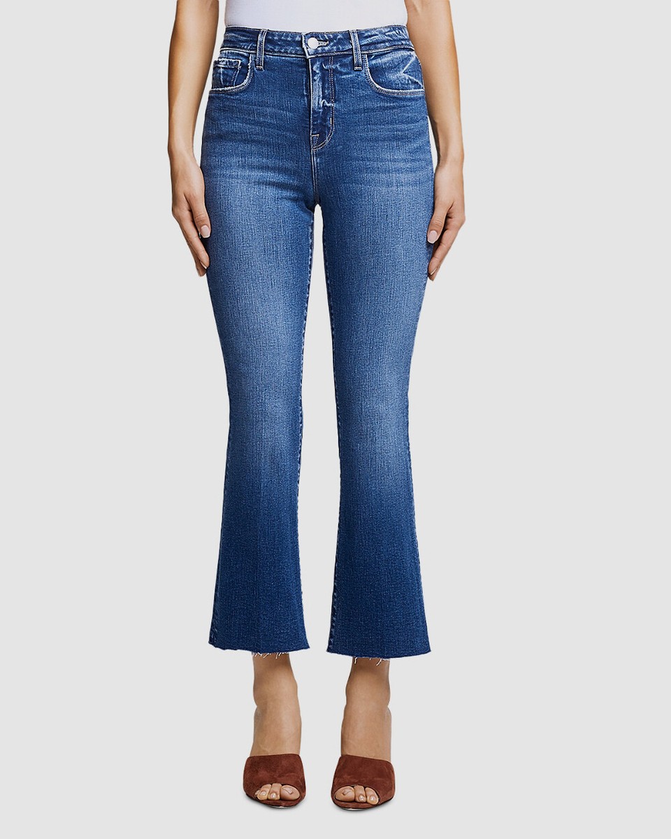 $277 L'agence Women's Blue Cropped Flare Leg Raw Hem Denim Jeans