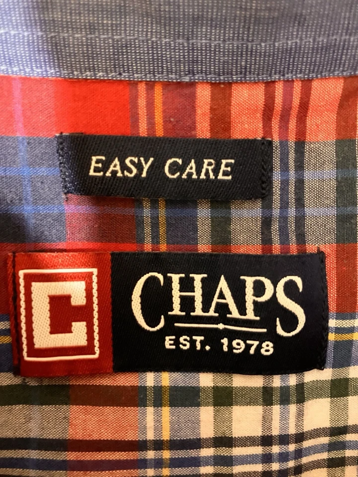Chaps Shirt Men’s Size LT Easy Care Long Sleeve Button Up Plaid Red White - Image 4 of 4