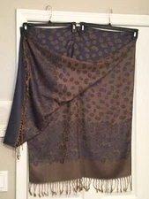 PASHMINA Blue, Beige, Gold Shawl. 28” X 70” + Fringe. NEW.