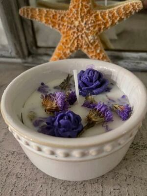 Handcrafted Floral Candle - Cotton Scent - Soy Blend Purple Flowers in Bowl