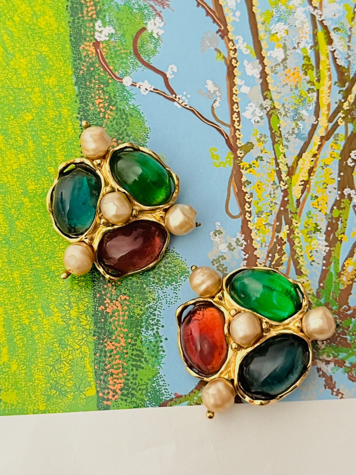 Yves Saint Laurent YSL Grande Gripoix Smeraldo Rubino Cristalli Perle Clip Orecchini