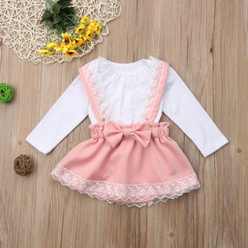 Toddler Baby Girl Lace Floral Long Sleeve Top Skirt Strap Dress Outfits Clothes - Picture 1 of 7