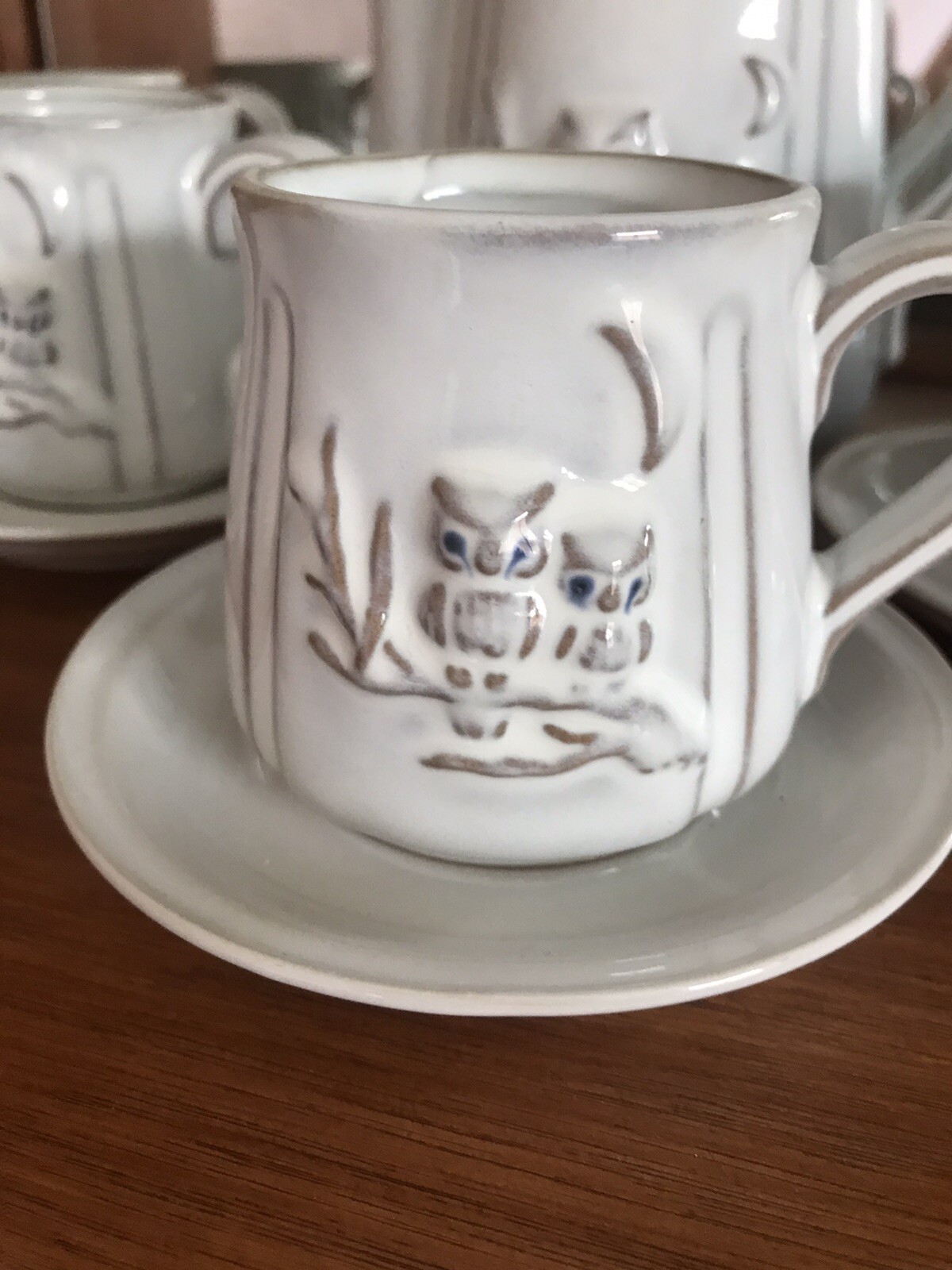 Australian pottery owl tea pot, cups , saucers, sugar bowl and creamer