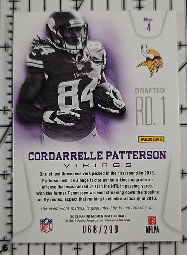 CORDARRELLE PATTERSON 2013 Momentum Rookie Team Threads Quad Jersey #4 68/299 RC - Picture 2 of 2