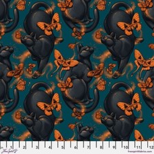 Moth Cat   Turquoise Blue Black Orange  Mystic Moonlight by Free Spirit BTY