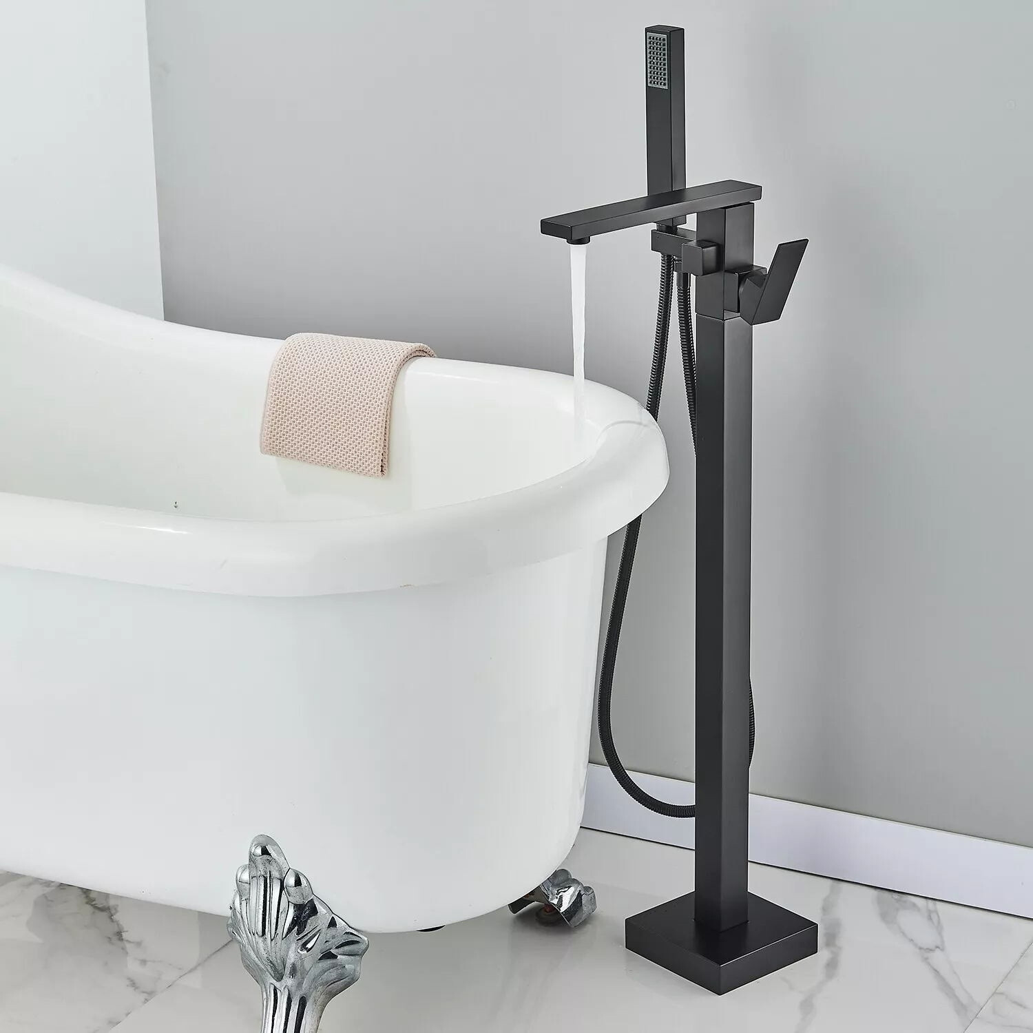 Black Freestanding Faucet Bathtub Bathroom Floor Mount Tub Filler Mixer System--