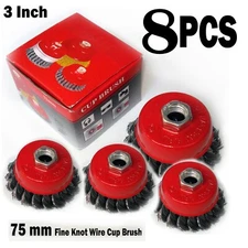 8 x  Heavy Duty 3" inch 5/8"-11 Thread Knotted Type Crimp Twisted Wire Cup Brush
