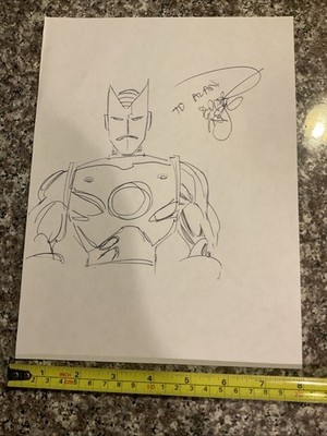 8 x10  HORNED IRON MAN HAND DRAWN SKETCH & SIGNED BY ERIC LARSEN
