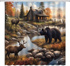 Cabin Bear Wildlife Lodge Forest Fabric Shower Curtain, Modern Rustic,70"x70-NEW