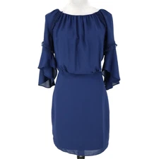 Halston Dress Womens 2 Navy Blue Chiffon Lined Bell Sleeve Lace Fringe Trim