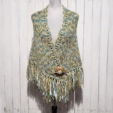NEW Beige Blue Green Hand Knitted Shawl Wrap Scarf Boho Fringe Cottage Coastal