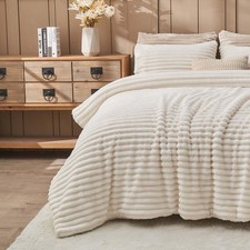 Fluffy Comforter King Set - Soft Flannel Faux Fur Comforter Cream White Winte...