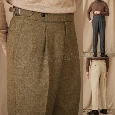 Herringbone Men's Pants Adjustable Waist Tweed Pleated Front Cuffed Trousers