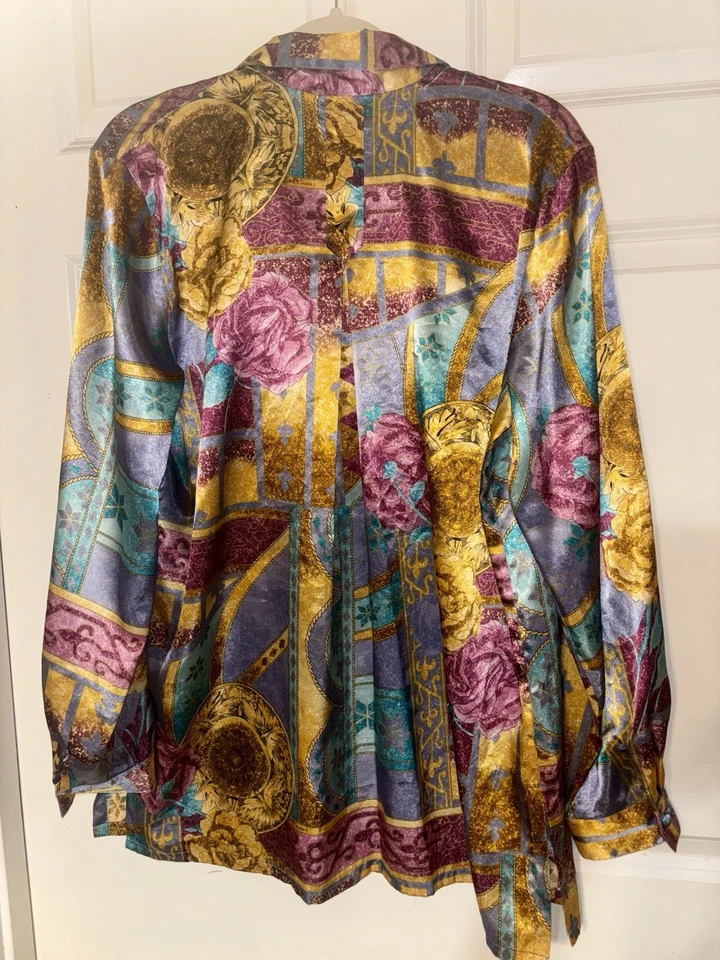 Blusa Christie & Jill vintage para mujer talla L satinada floral geométrica carrera Foto 2 de 4