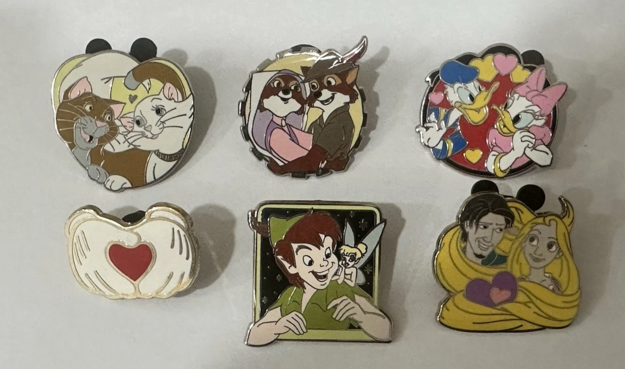 Disney Valentine's Day Pin Set Peter Pan Couples Donald Daisy Rapunzel 6 Pins