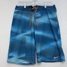 Nike Men's Board Shorts Blue Striped Size 30 Regular Drawstring Back Pocket Logo