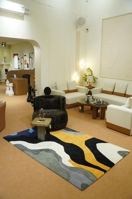 Abstract Handmade Tufted Wool Rug | Modern Geometric Area Rug in Black, Mustard