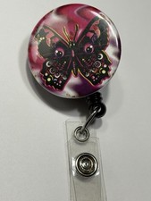 Pink Butterfly Badge Holder Retractable Reel And Clip For Nurse Teacher Office