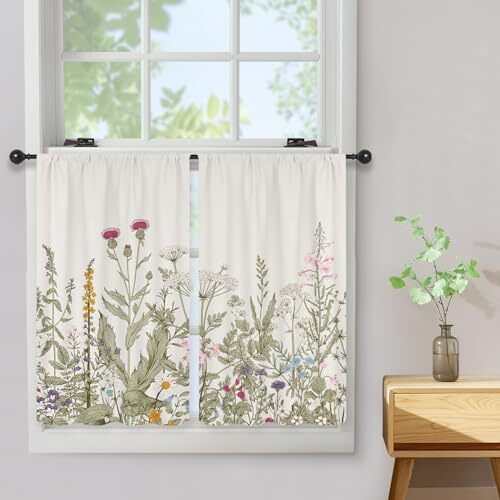 Floral Kitchen Curtains Small Wildflower Cafe Curtains Green Leaves Plant - Bild 3 von 6