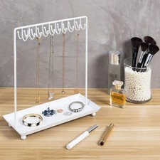 MyGift 20-Hook White Metal Necklace Display Stand with Ring Tray