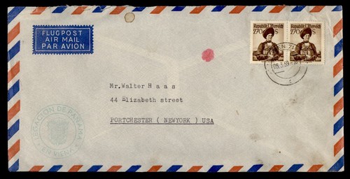 DR WHO 1959 AUSTRIA 2.70S PAIR VIENNA AIRMAIL TO USA DIPLOMATIC PANAMA M35345