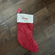 NWT Pottery Barn Classic Medium Red Ivory Velvet Christmas Stocking Mono Corey